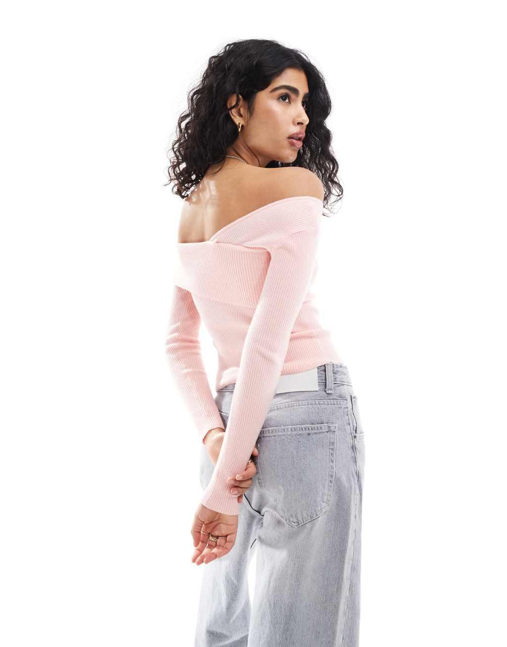 Miss Selfridge asym knit rib long sleeve top in pink Product Image