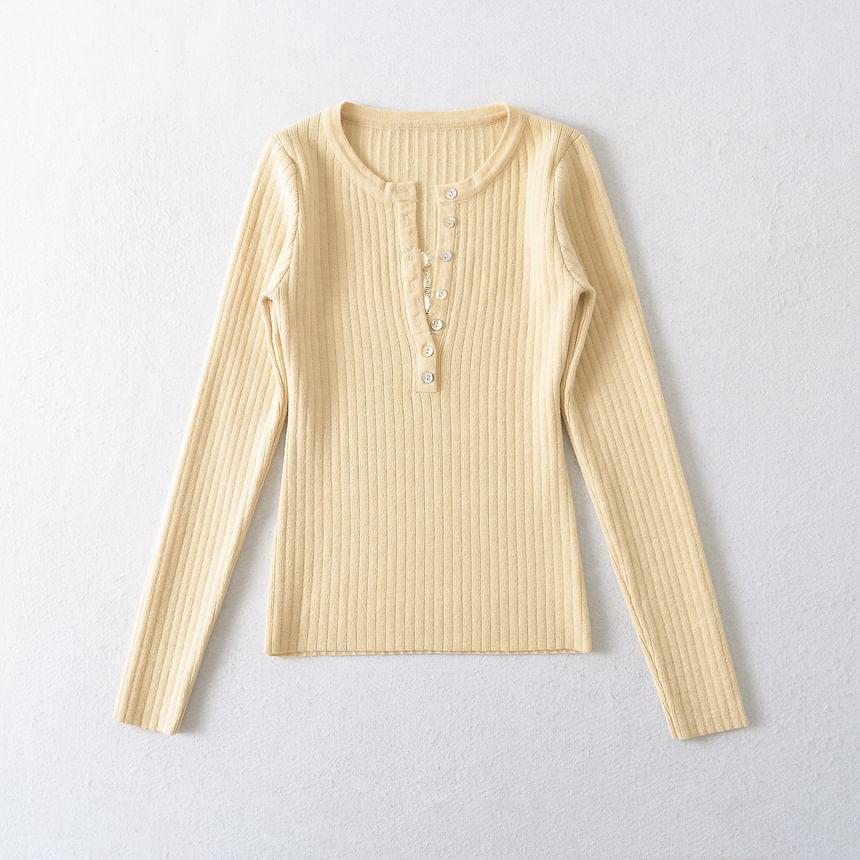 Long-Sleeve Plain Ribbed Henley Knit Top Product Image