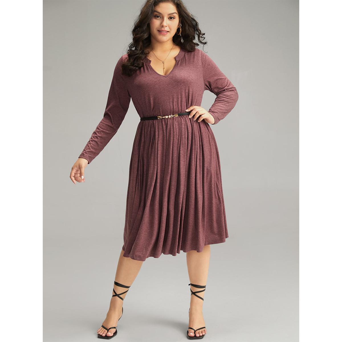 Plus Size Supersoft Essentials Notched Elastic Waist Dress Russet Women Elegant Gathered Notched collar Long Sleeve Curvy Midi Dress BloomChic 14-16/1X Product Image