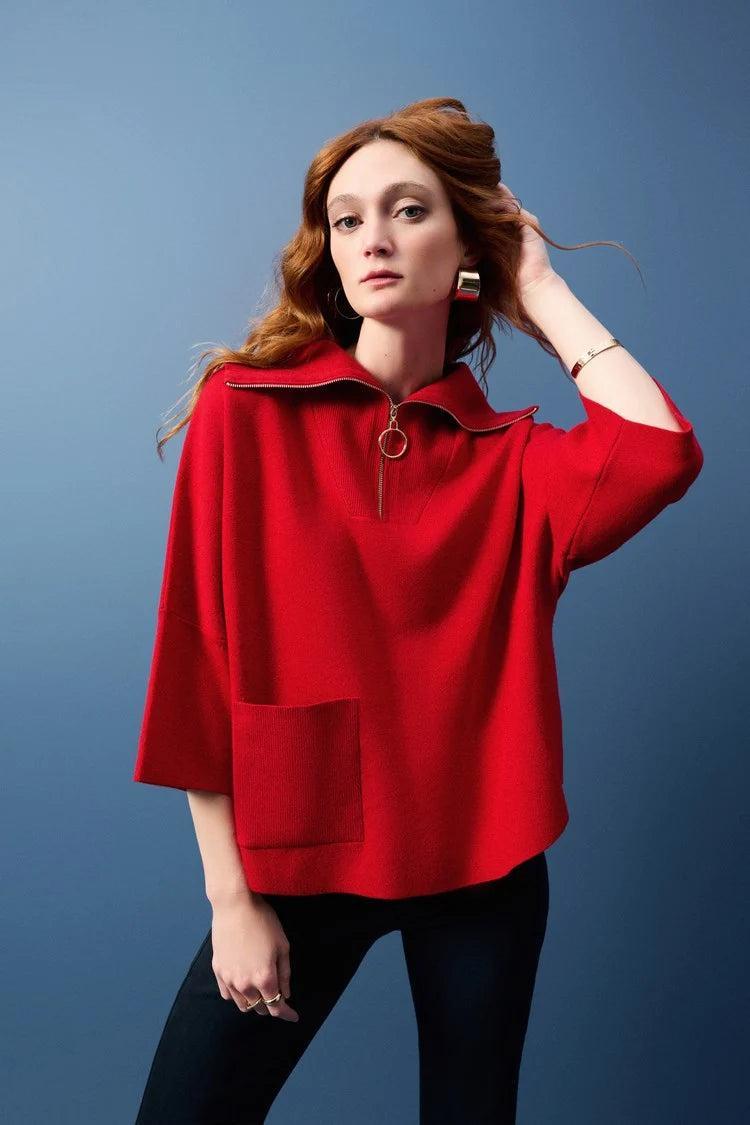 Jacquard Zipped Collar Sweater - Lipstick Red Product Image