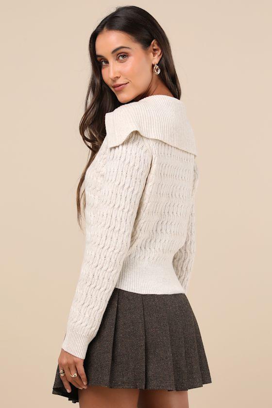 Xanthe Cream Cable Knit Wool-Blend Collared Pullover Sweater Product Image