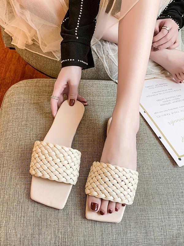 Open Toe Solid Color Split-Joint Square-Toe Slippers Product Image