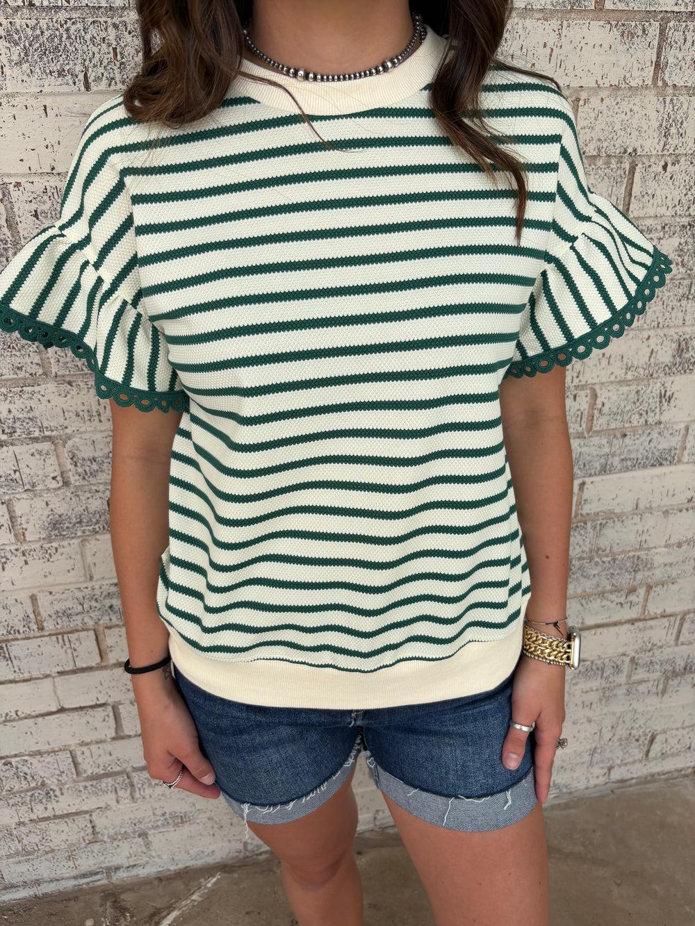 Green Stripe Scallop Lace Trim Ruffle Crewneck Top Product Image