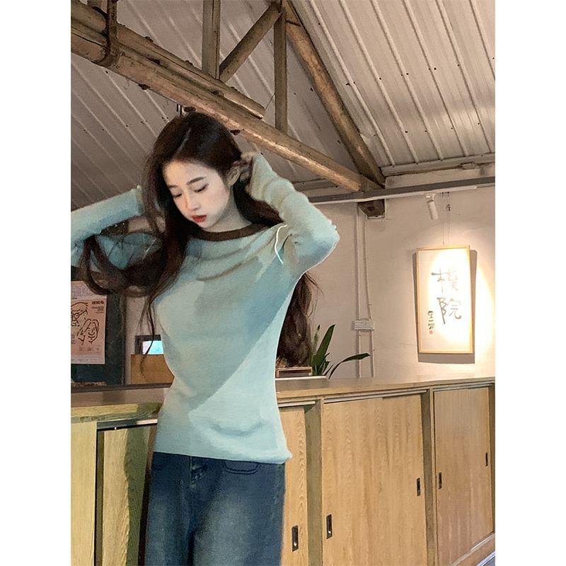 Long-Sleeve Round Neck Contrast Trim Knit Top Product Image