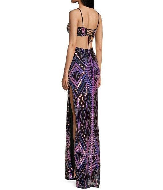 Honey and Rosie Patterned Sequin V-Neck Spaghetti Strap Tie Back Fitted Mermaid Gown Product Image