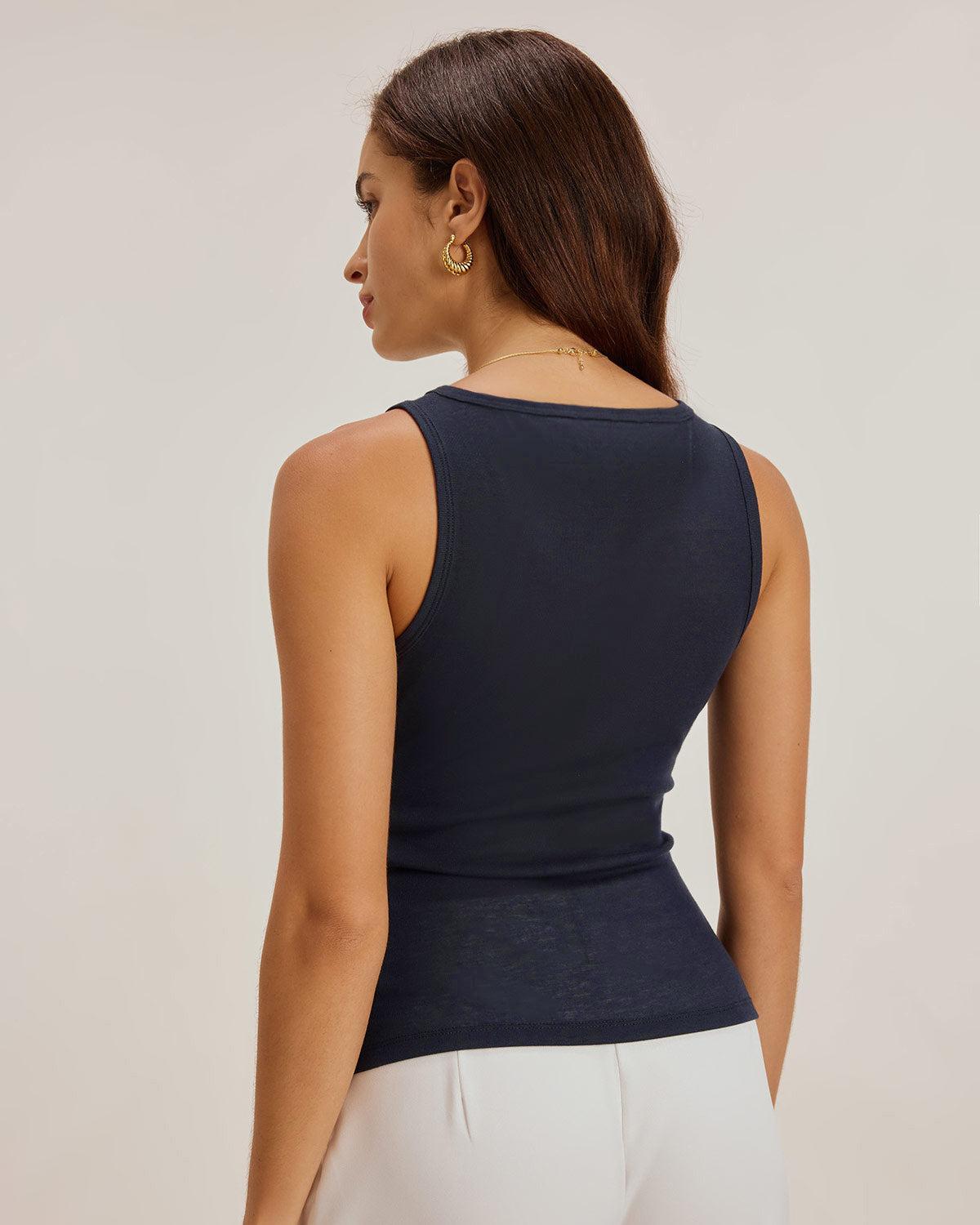 Blue Round Neck Button Tank Top Product Image