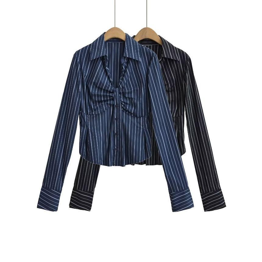 Collared Striped Ruched Button Up Shirt Product Image