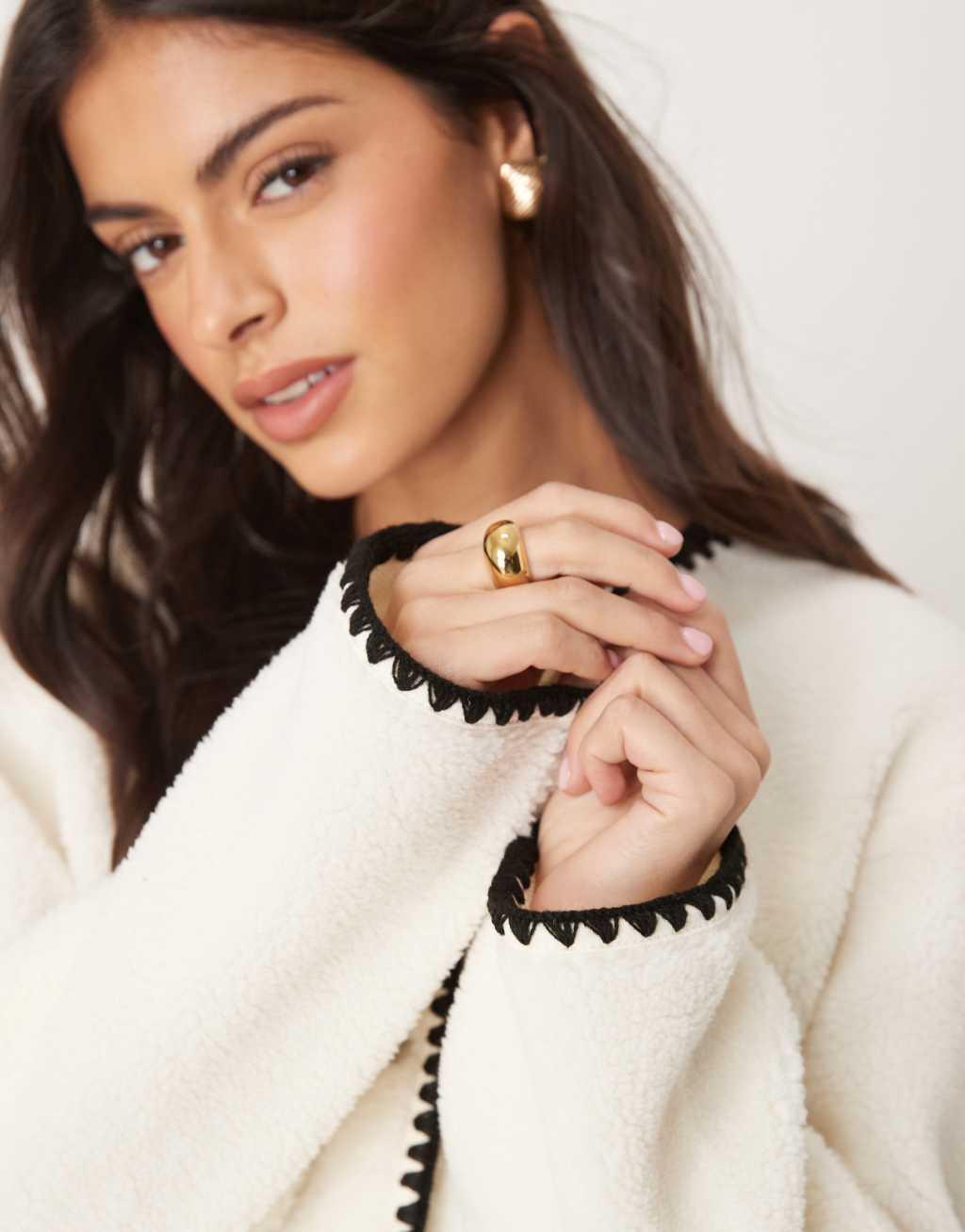 ASOS DESIGN collared borg jacket with blanket stitch detail in cream Product Image