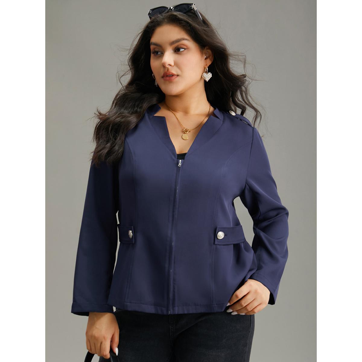 Plus Size Plain Button Detail Notched Zipper Blazer Indigo Women Office Plain Plain Sleeve Long Sleeve Notched collar 22-24/3X At the Office Blazers BloomChic Product Image