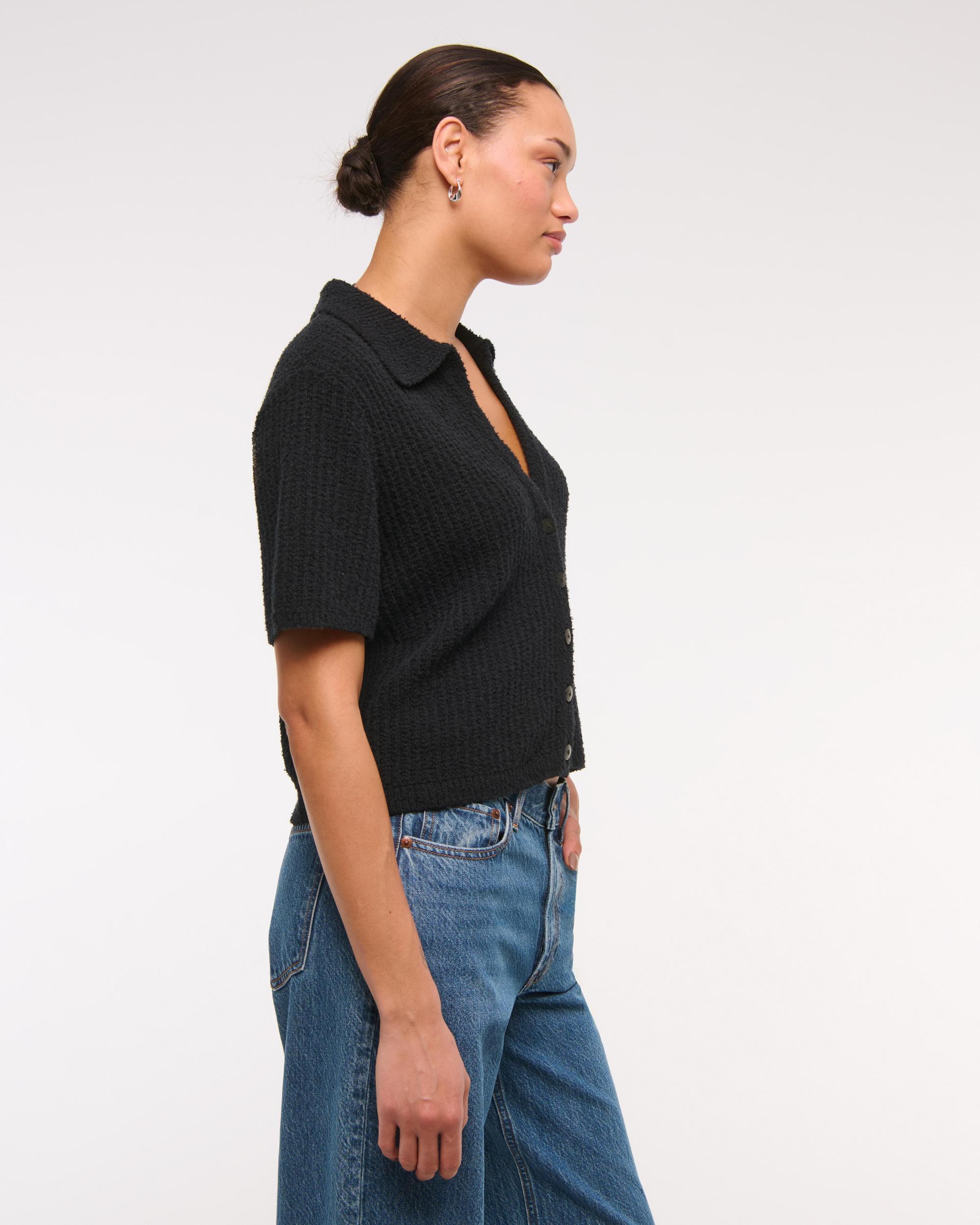 Short-Sleeve Crochet-Style Polo Product Image