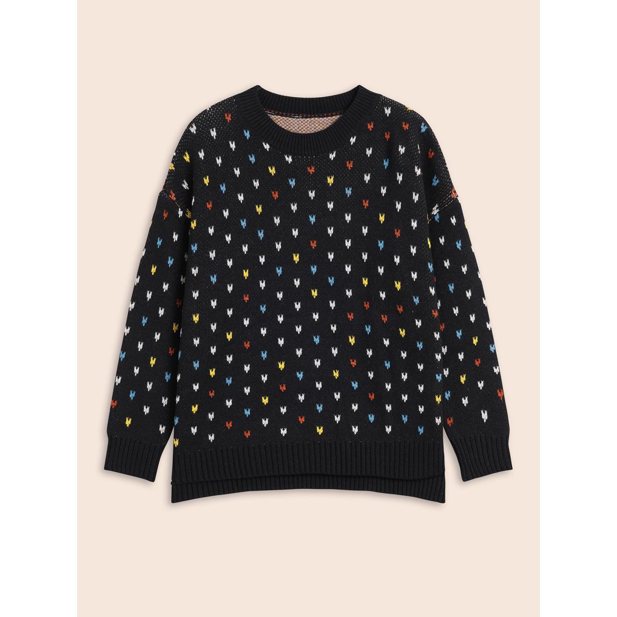 Plus Size Polka Dot Texture Split Hem Pullover Black Women Casual Long Sleeve Round Neck Everyday Pullovers BloomChic 12/L Product Image
