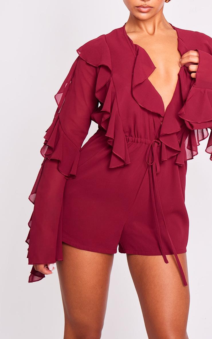 Burgundy Ruffle Detail Long Sleeve Plunge Romper Product Image