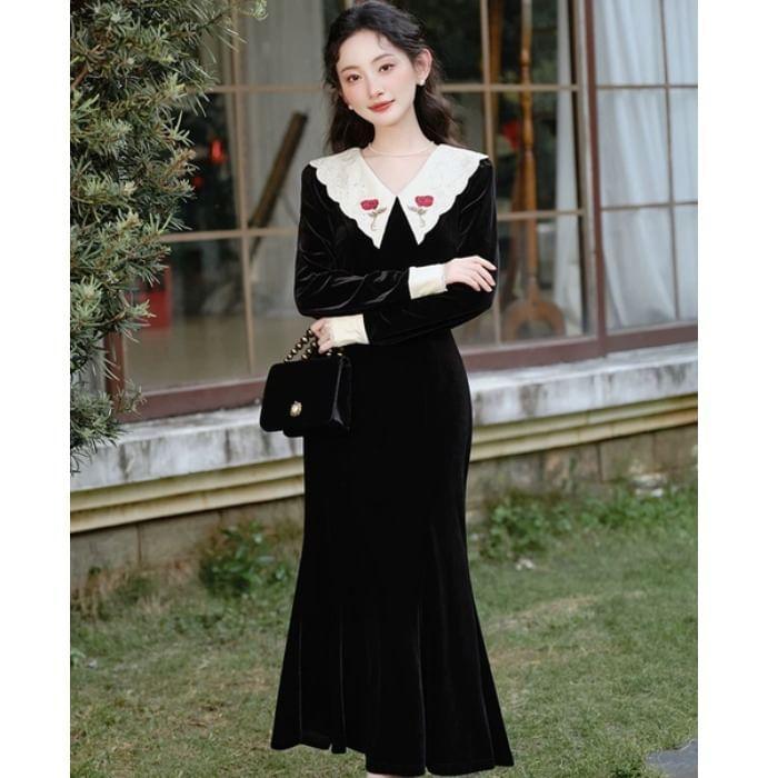 Long-Sleeve Peter Pan Collar Floral Embroidered Velvet Maxi Mermaid Dress Product Image