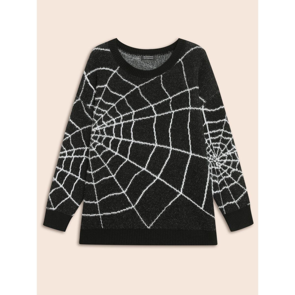 Plus Size Textured Spider Web Crew Neck Pullover Black Women Casual Long Sleeve Round Neck Everyday Pullovers BloomChic 26/4X Product Image