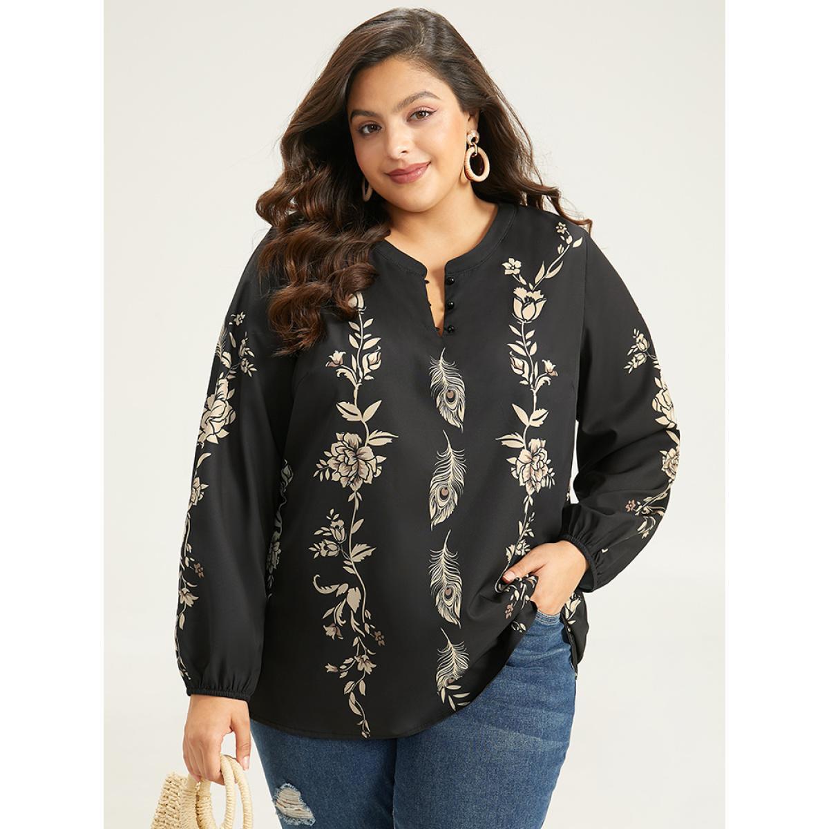 Plus Size Black Floral Print Button Up Lantern Sleeve Blouse Women Elegant Long Sleeve Round Neck Dailywear Blouses BloomChic 12/L Product Image