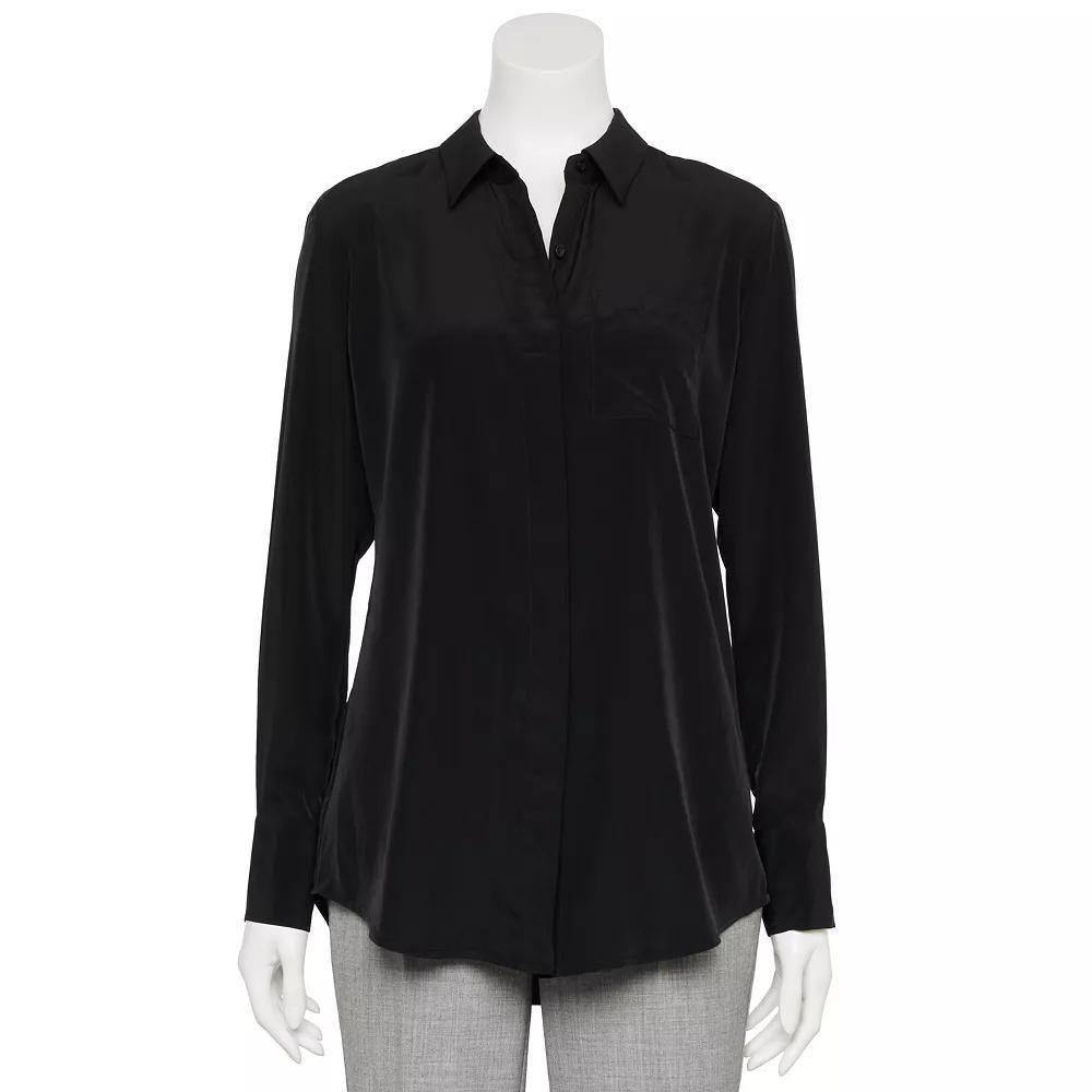 Women's Nine West Adaptive Magnetic Closure Drapey Satin Long Sleeve Shirt,  Product Image