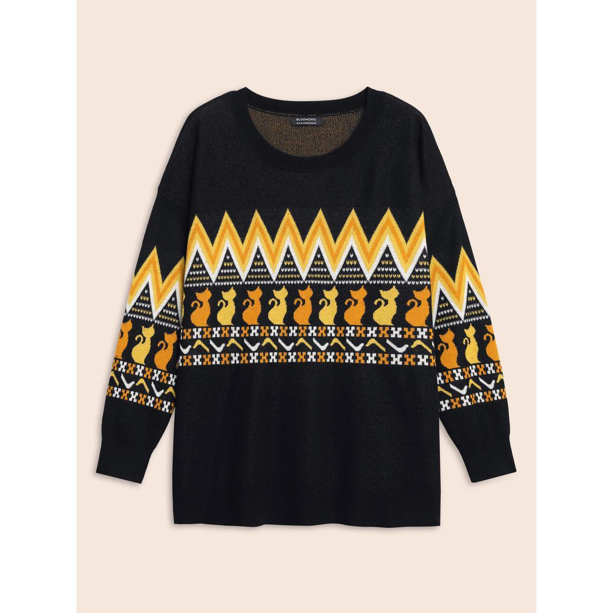Plus Size Cat Printed Jacquard Fair Isle Pullover Black Women Casual Long Sleeve Round Neck Everyday Pullovers BloomChic 18-20/2X Product Image