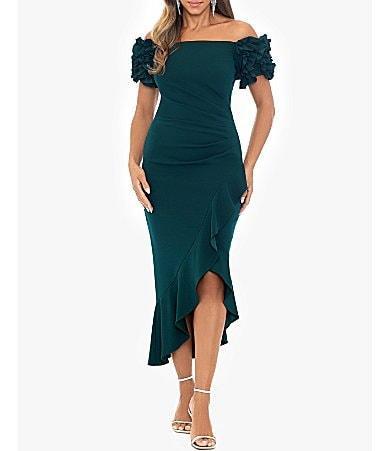 Xscape 3D Ruffle Off-the-Shoulder Ruffle Front Ruched Detail Midi Dress Product Image