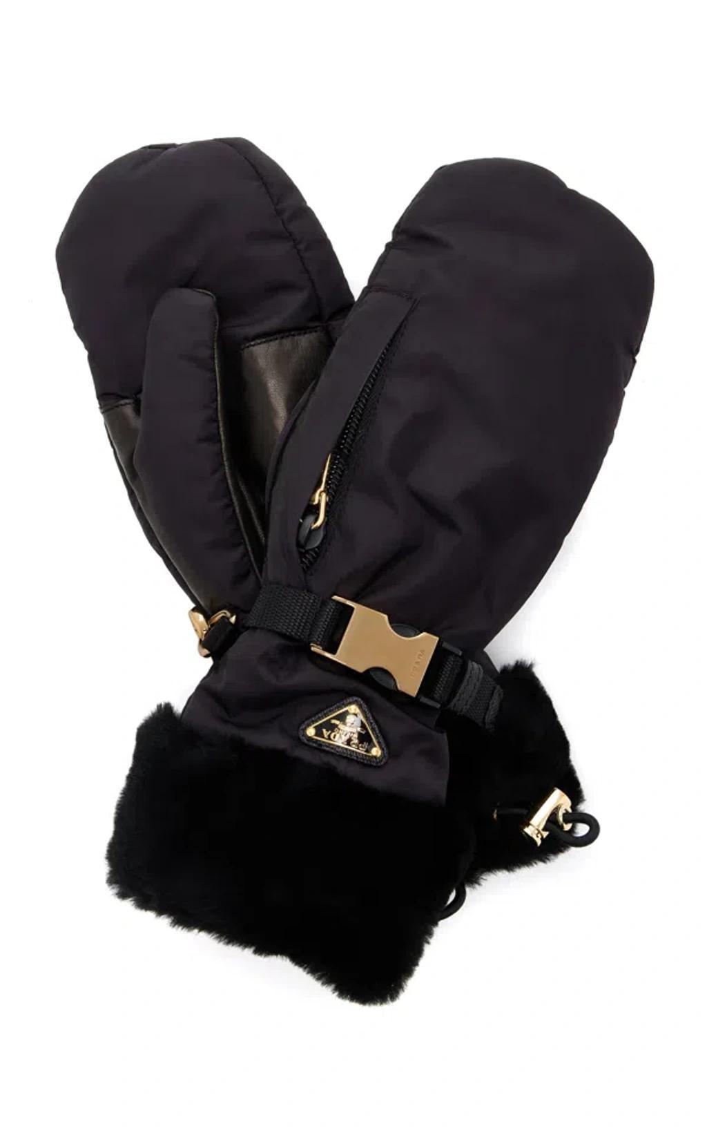 PRADA Shearling-lined Nylon Gloves In Black Product Image