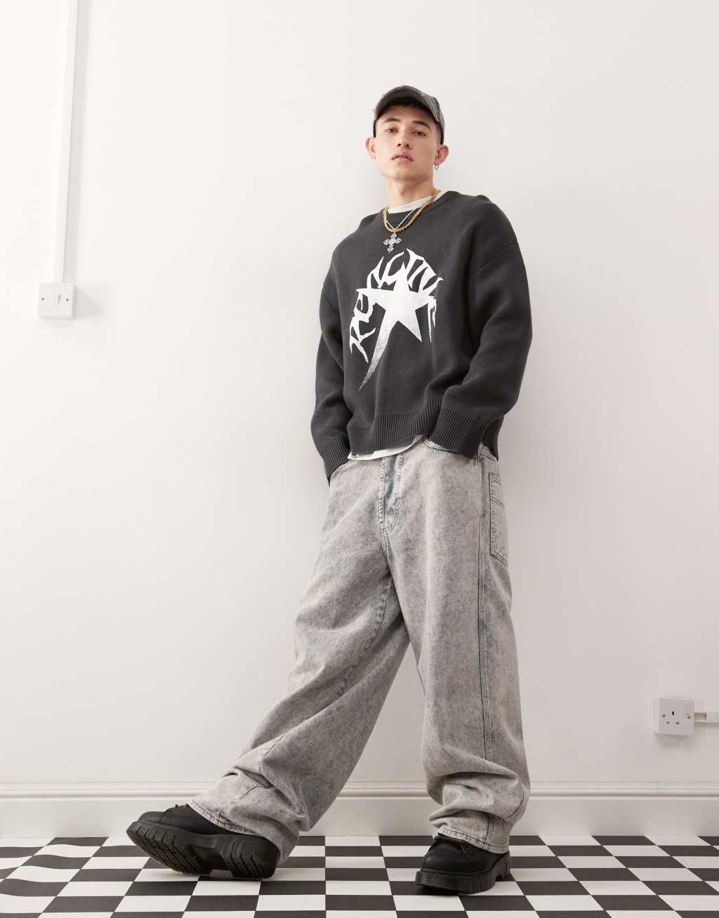 Weekday Cypher oversized sweater with star jacquard graphic in dark gray Product Image