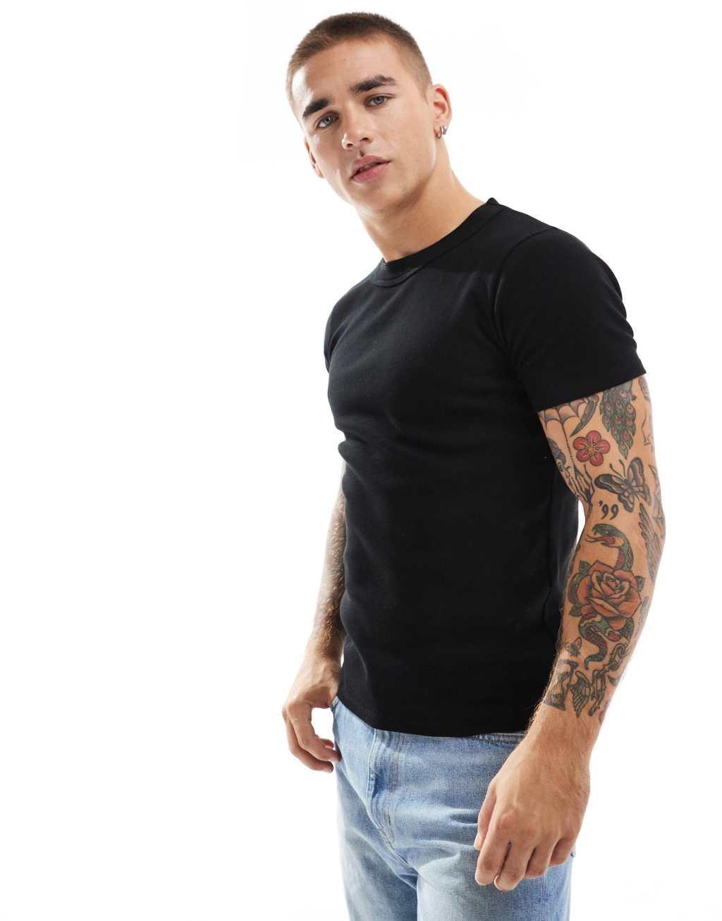 ASOS DESIGN muscle fit rib t-shirt in black Product Image