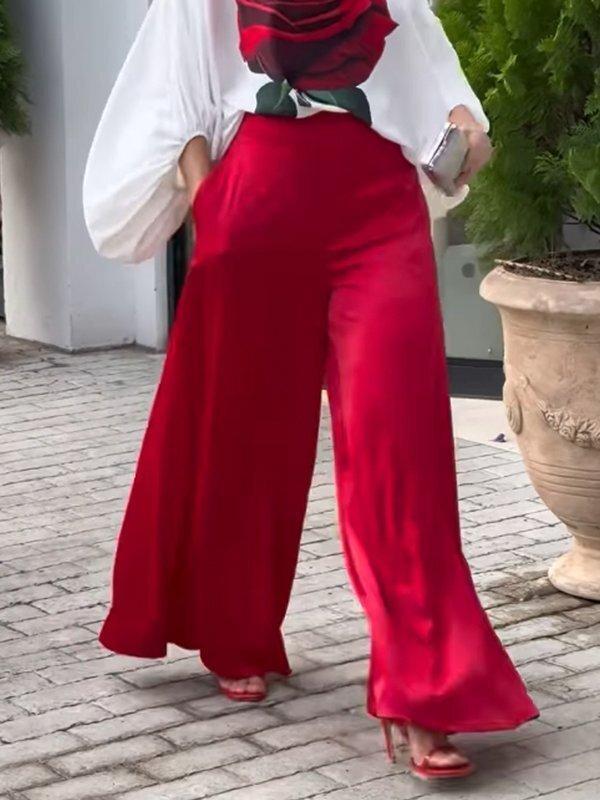 High Waisted Loose Pockets Solid Color Pants Trousers Product Image