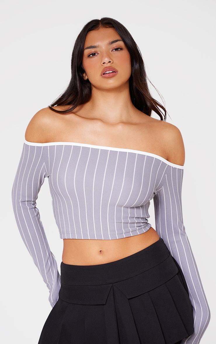 Grey Contrast Detail Pinstripe Bardot Long Sleeve Top Product Image