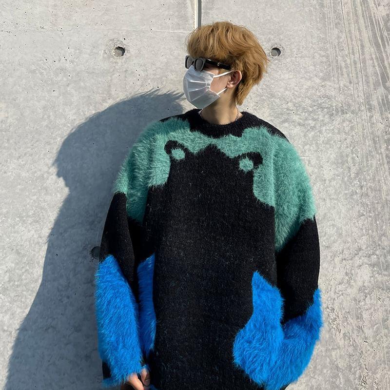 Round Neck Color Block Fluffy Sweater Product Image