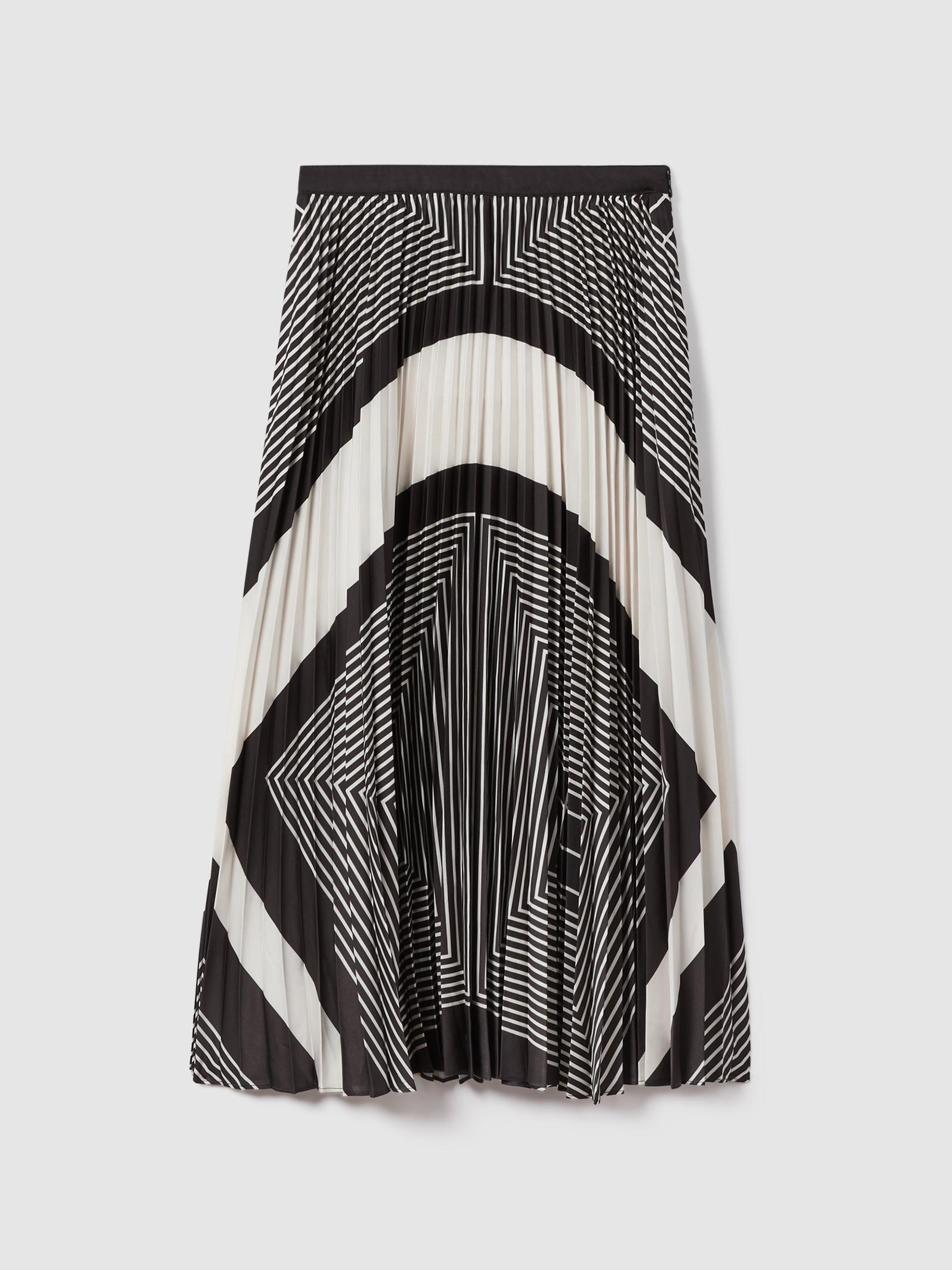 Printed Pleated Midi Skirt in Black/Cream Product Image