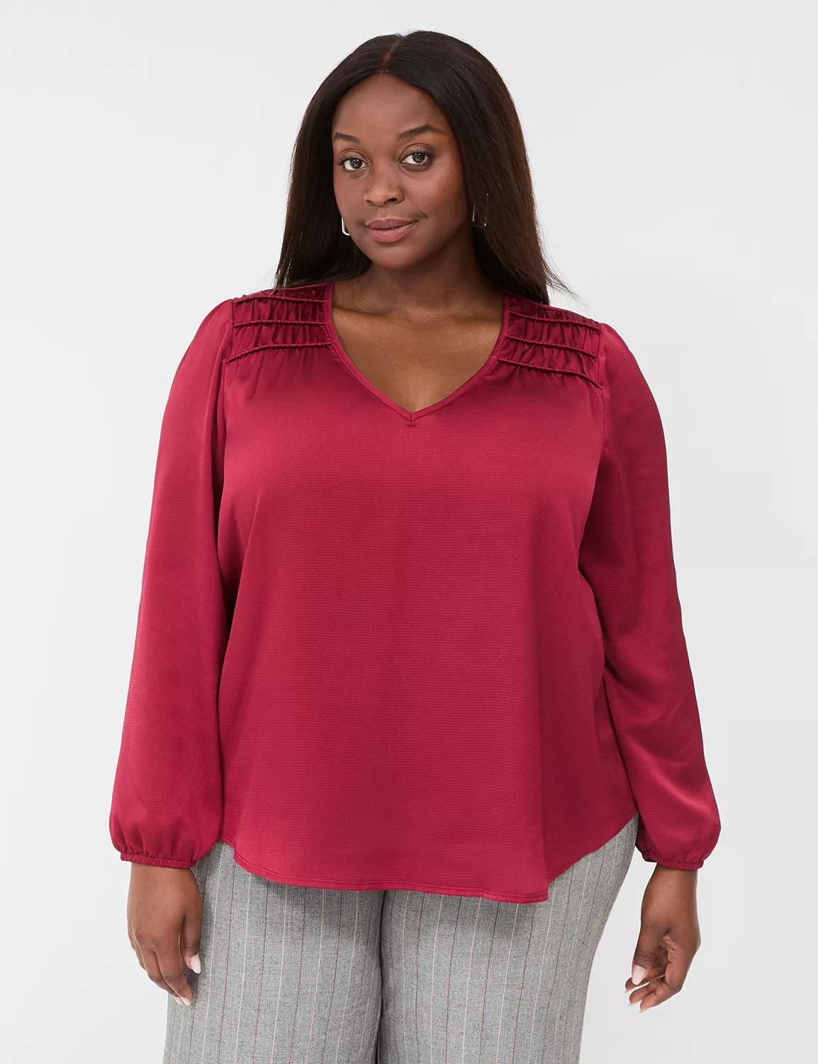 Smocked-Shoulder Satin & Knit Blouse Product Image