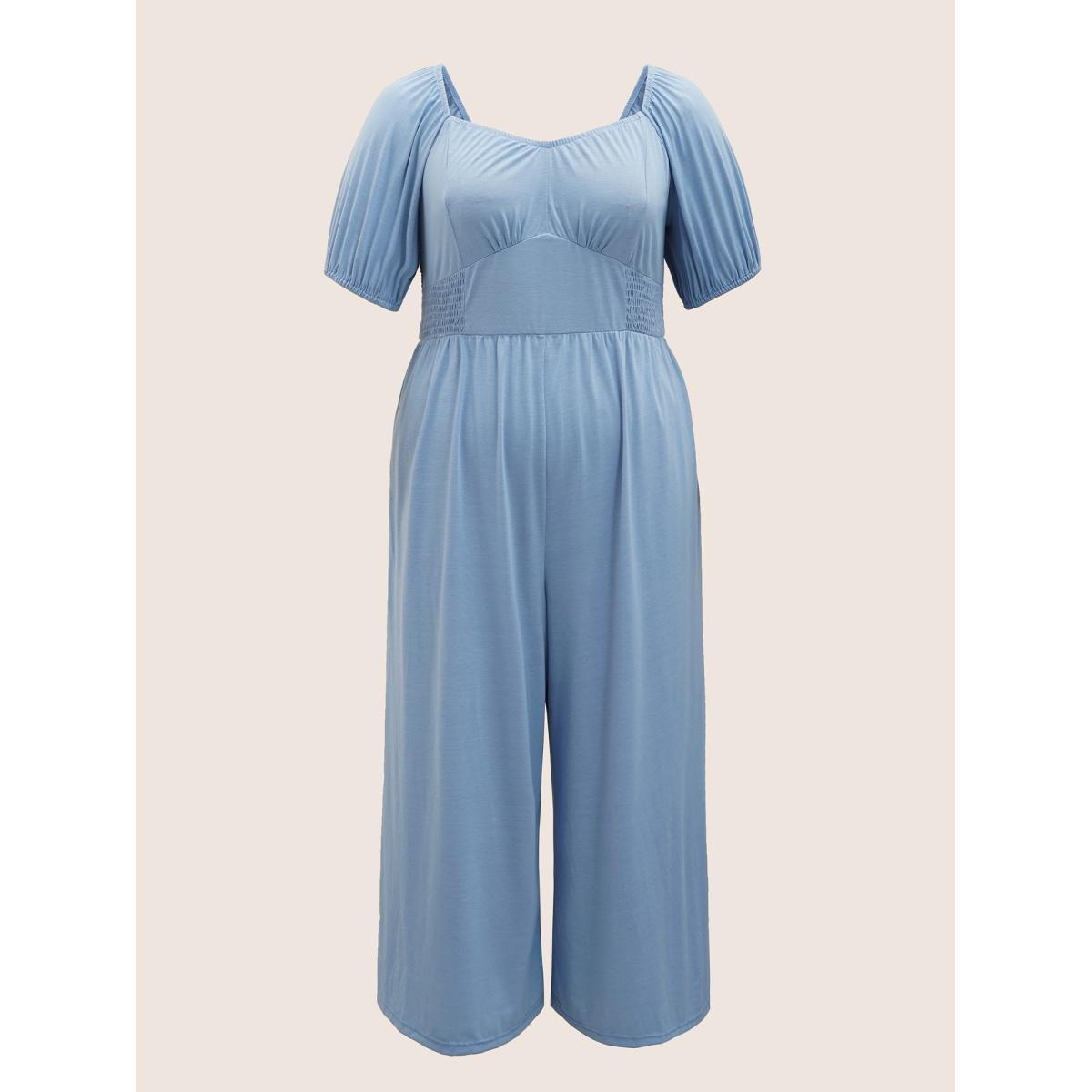 Plus Size Stone Heart Neckline Shirred Gathered Wide Leg Jumpsuit Women Elegant Short sleeve Heart neckline Everyday Loose Jumpsuits BloomChic 12/L Product Image