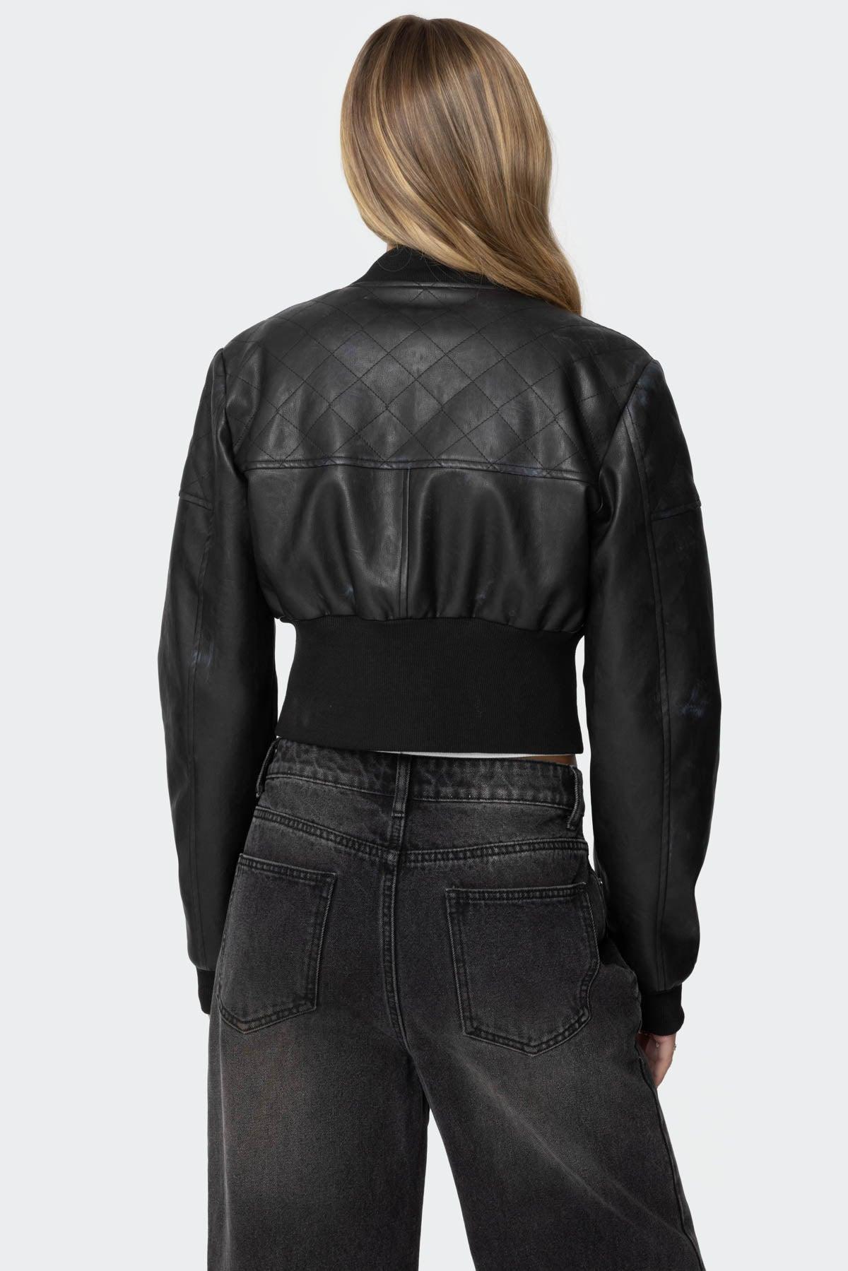 Cropped Faux Leather Bomber Jacket Product Image