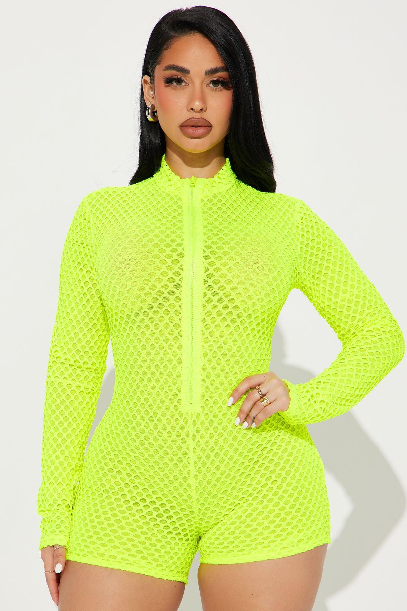 Moving Forward Fishnet Romper - Neon Yellow Product Image