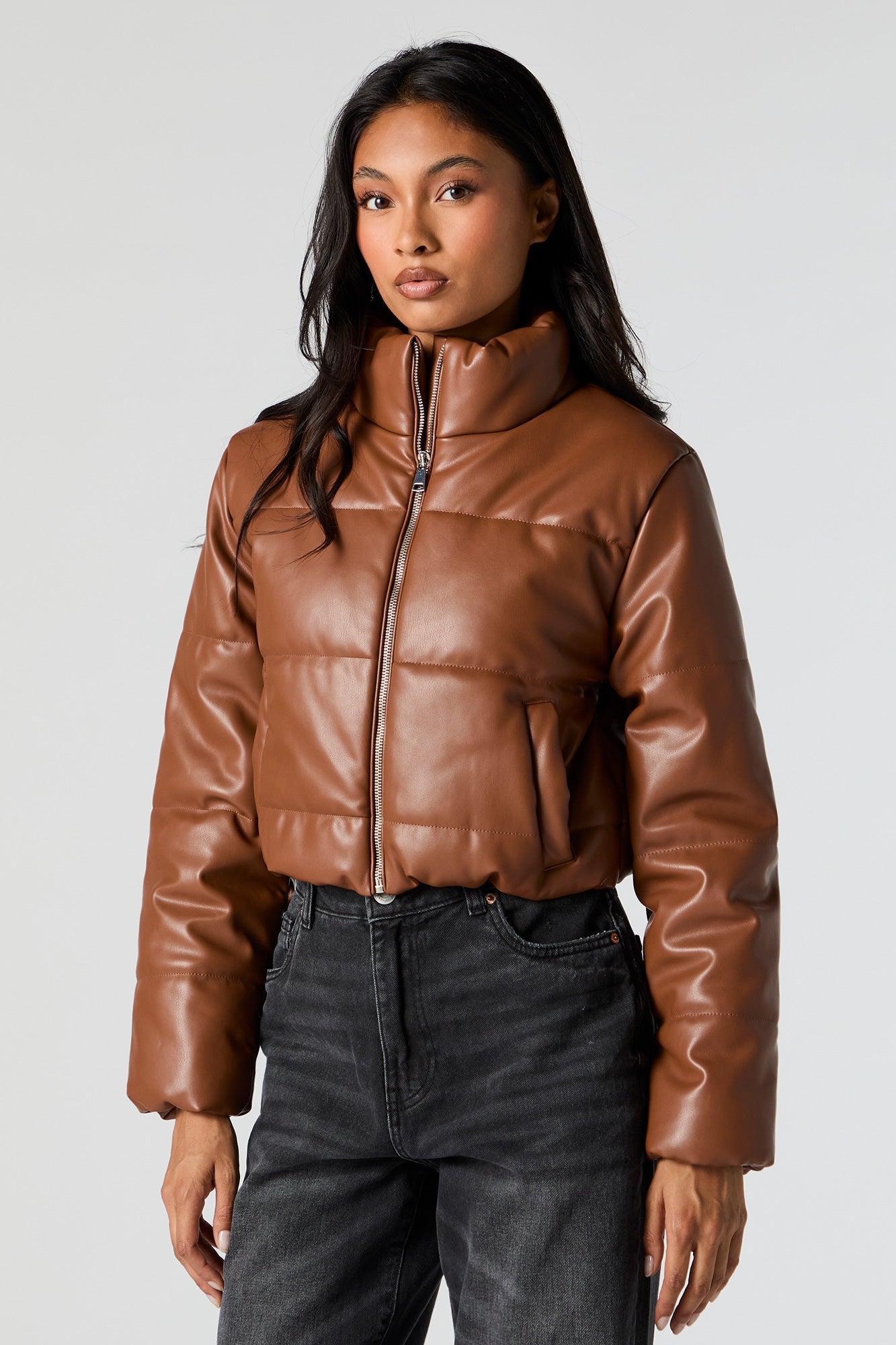 Faux Leather Cropped Puffer Jacket Female Product Image