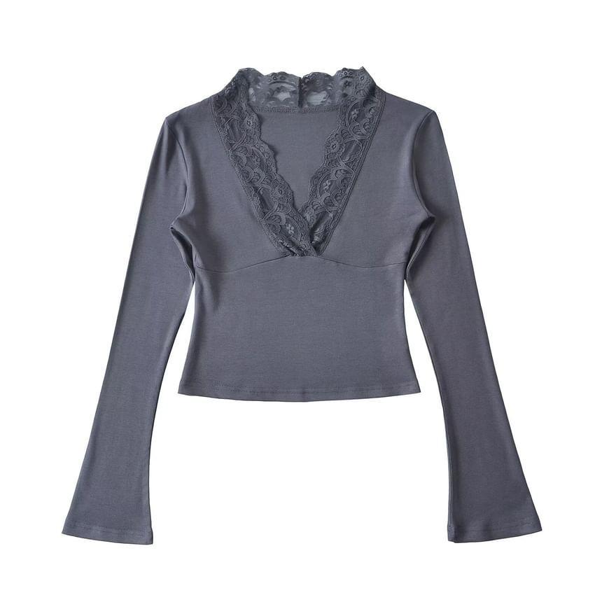 Bell Sleeve V-Neck Lace-Trim Plain Slim-Fit Crop Top Product Image