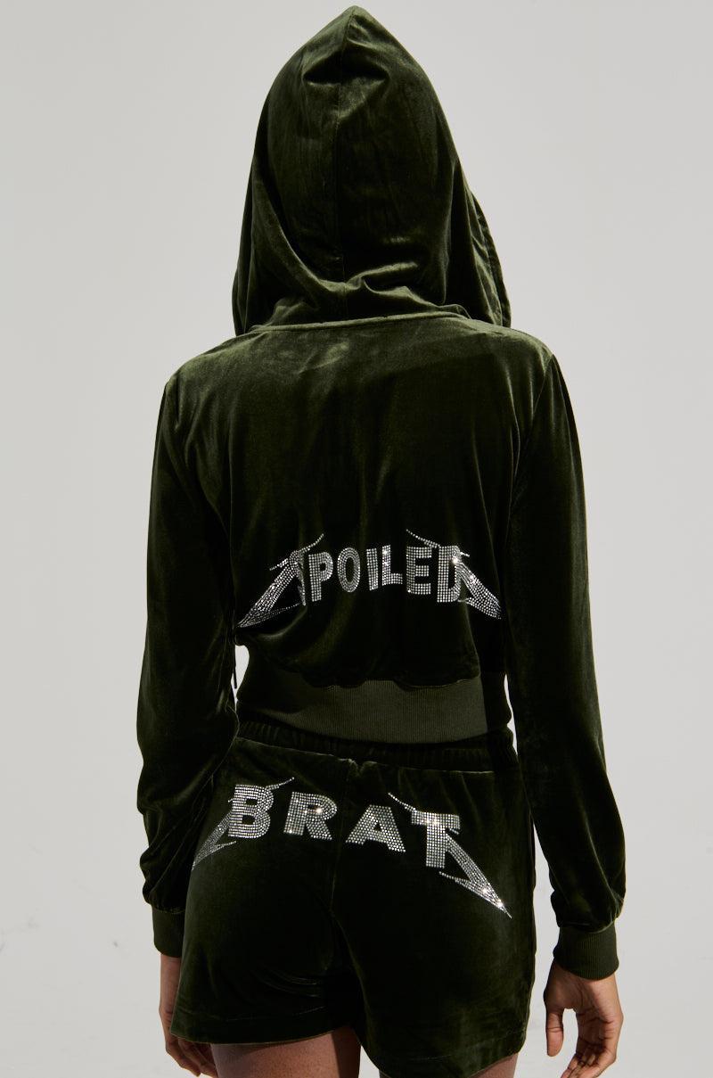 BRAT RHINESTONE VELVET OLIVE ZIP UP SWEATSHIRT Product Image