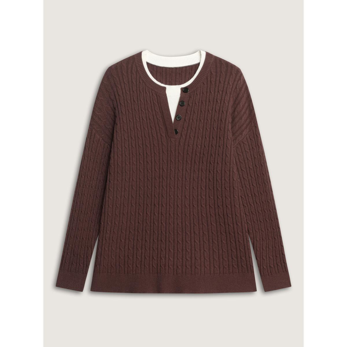 Plus Size Supersoft Cable Knit Henley Pullover Browncoffeecolor Women Leisure Loose Long Sleeve Round Neck Casual Pullovers BloomChic 18-20/2X Product Image