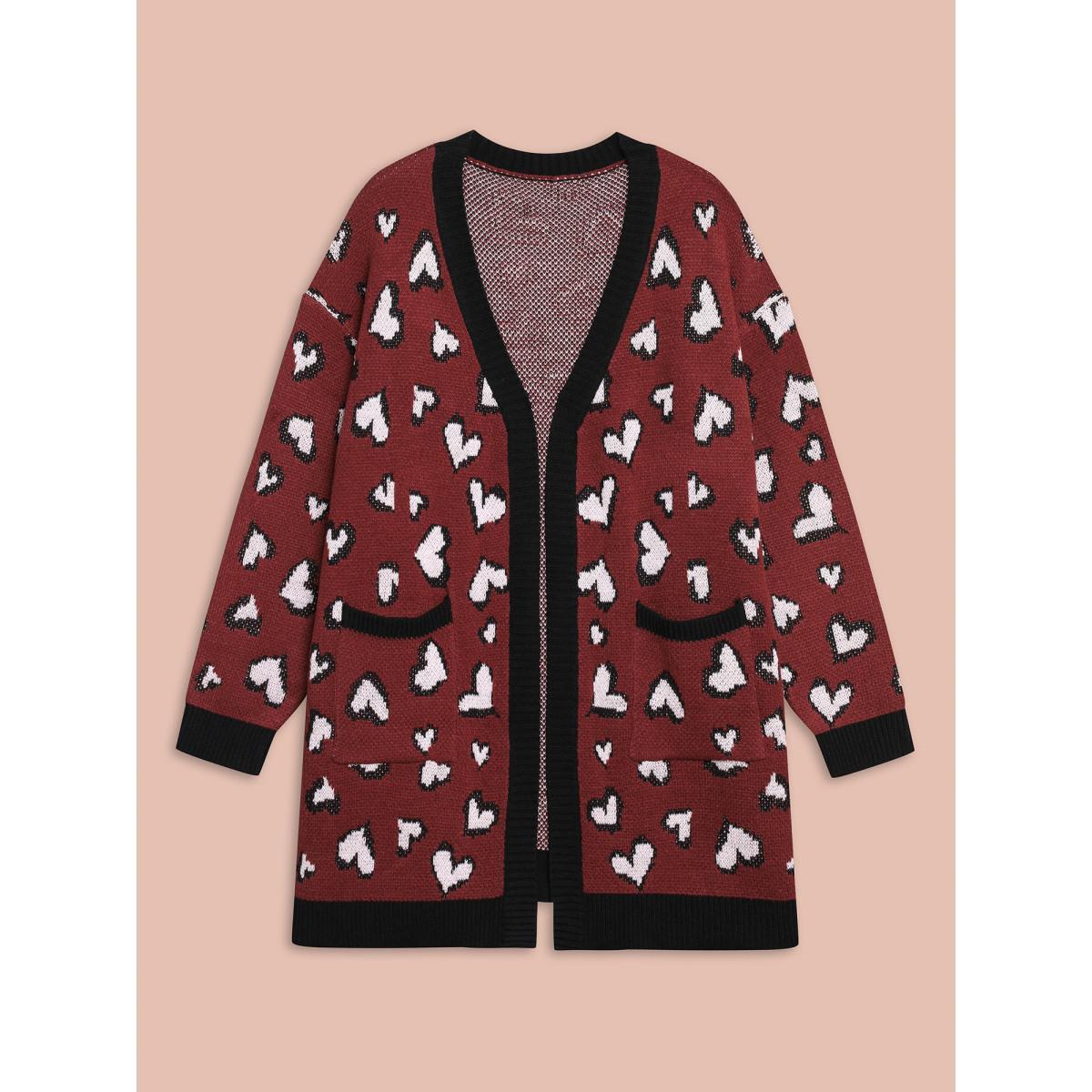 Plus Size Hearts All Over Open Front Contrast Cardigan Deepred Women Leisure Loose Long Sleeve Casual Cardigans BloomChic 30/6X Product Image