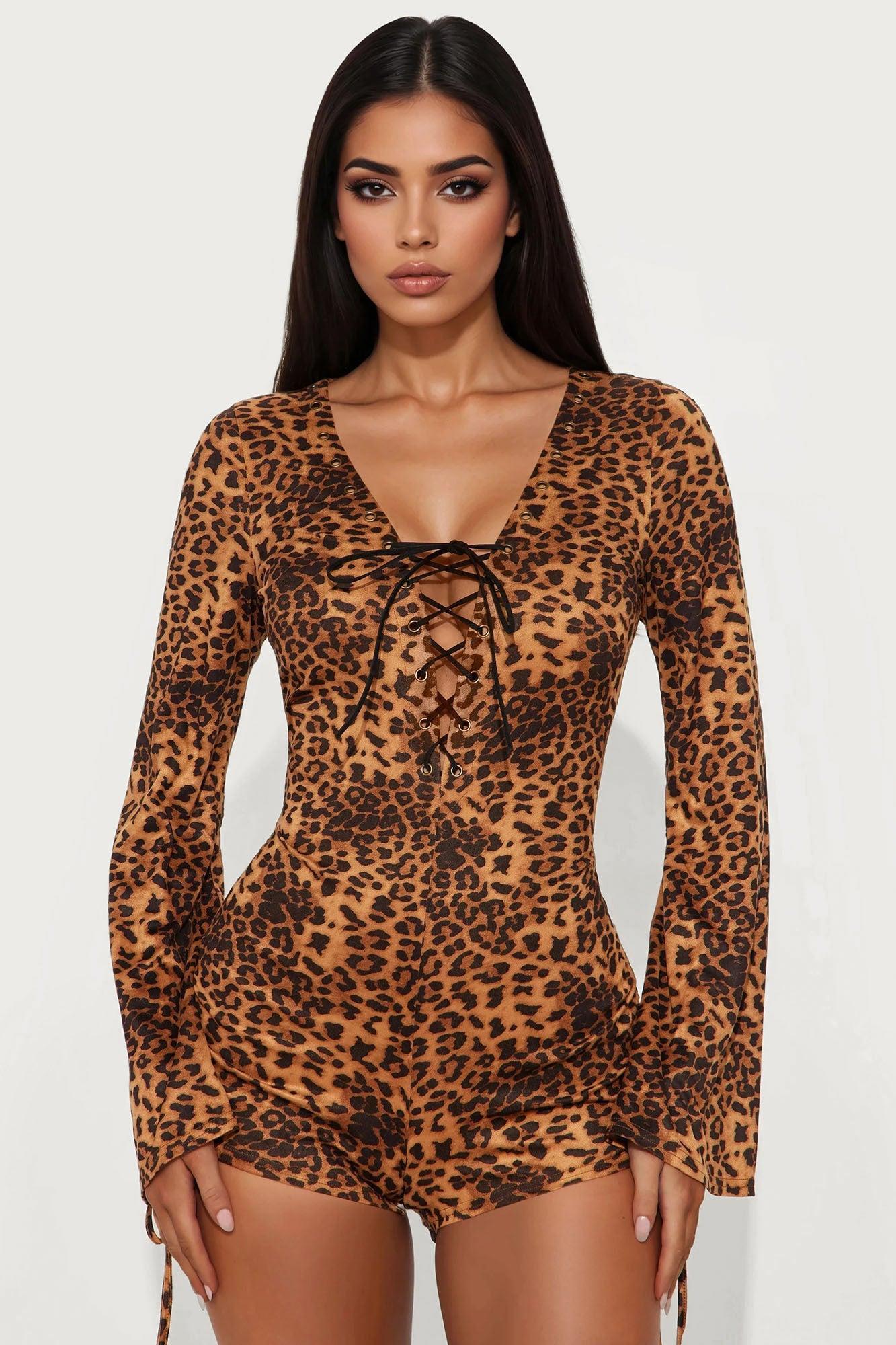 Drinks In Miami Leopard Romper - Leopard Female Product Image