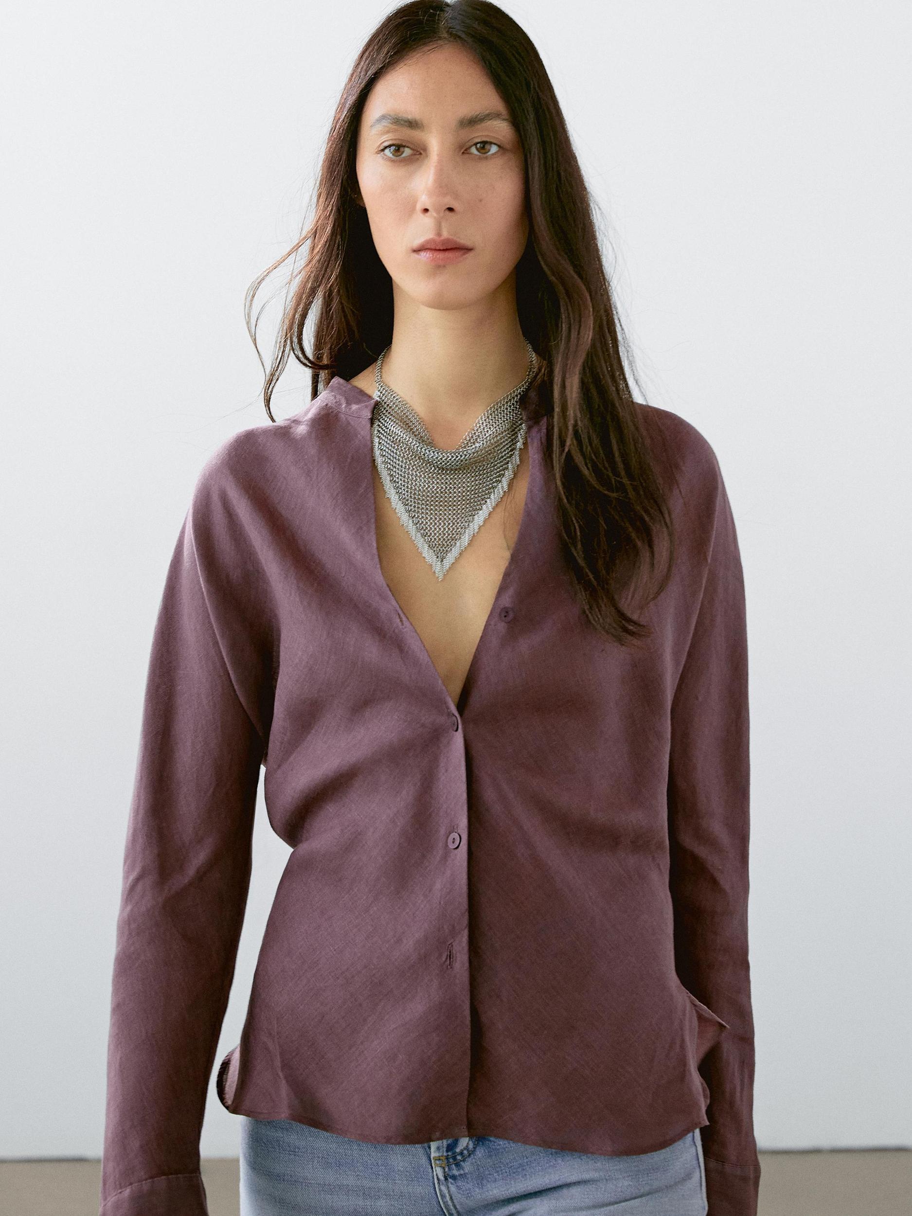 Flowing linen shirt with stand collar Product Image