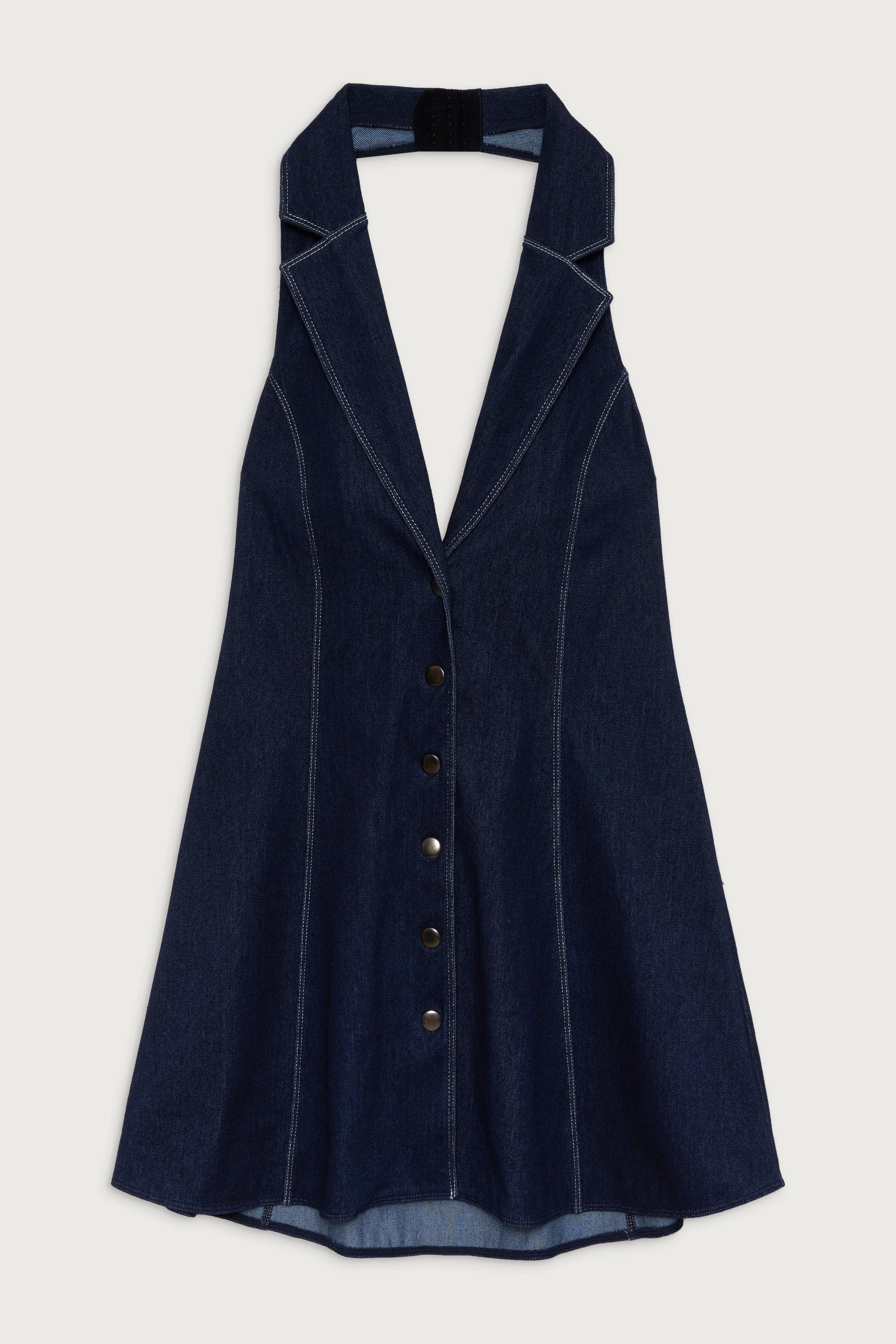 Moonlight Denim Halter Dress - Blue Denim Product Image