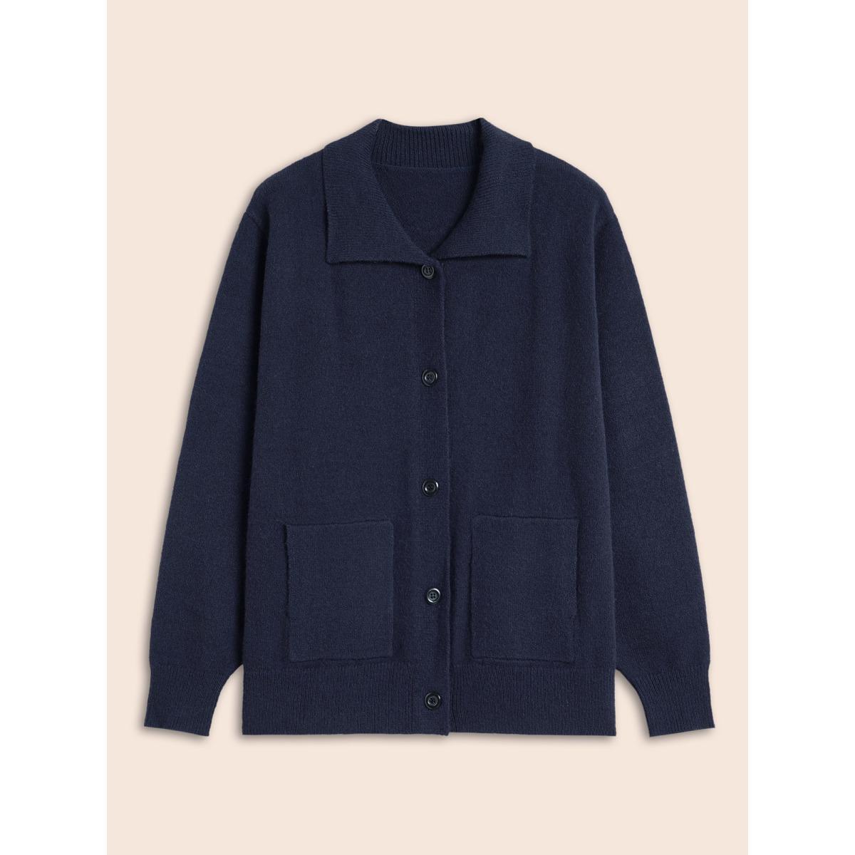 Plus Size Plain Patched Pocket Button Up Cardigan Indigo Women Leisure Loose Long Sleeve Casual Cardigans BloomChic 26/4X Product Image