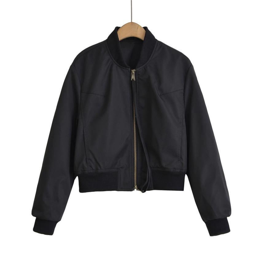 Plain Zip-Up Crop Bomber Jacket Product Image