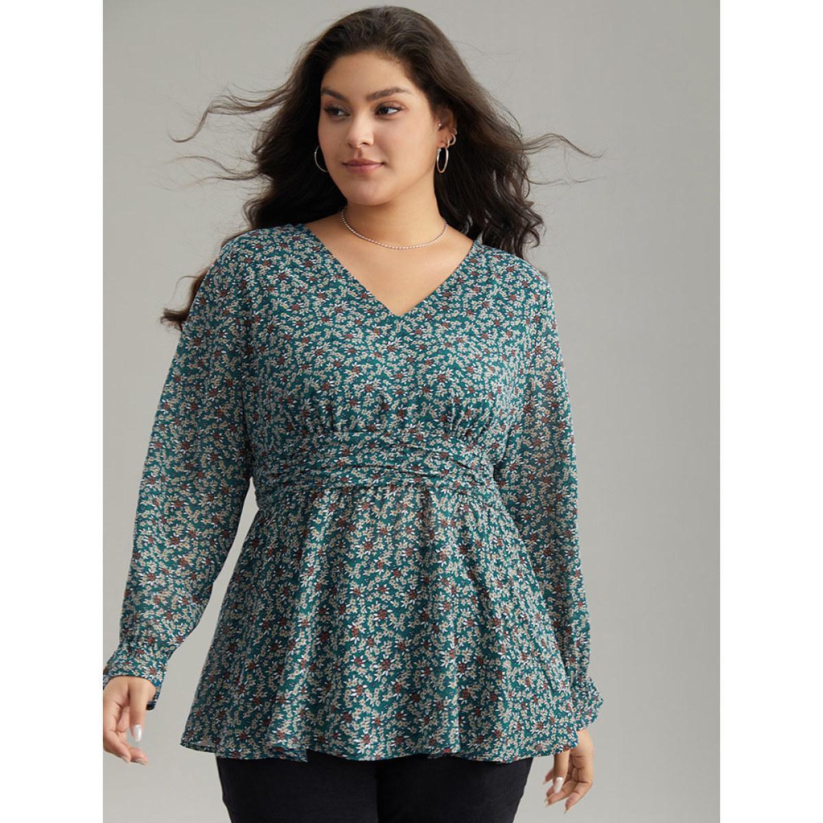 Plus Size DarkGreen Chiffon Ditsy Floral Elastic Waist Ruffle Hem Blouse Women Elegant Long Sleeve V-neck Everyday Blouses BloomChic 28/5X Product Image