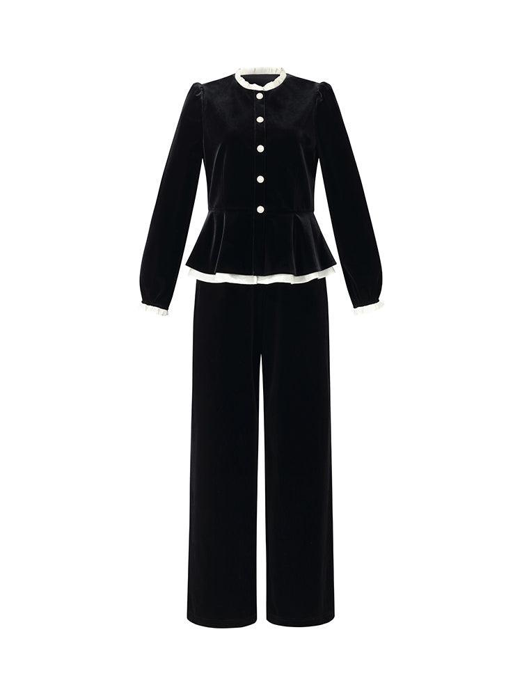Velvet Ruffle Hem Jacket And Pants Two-Piece Set Product Image