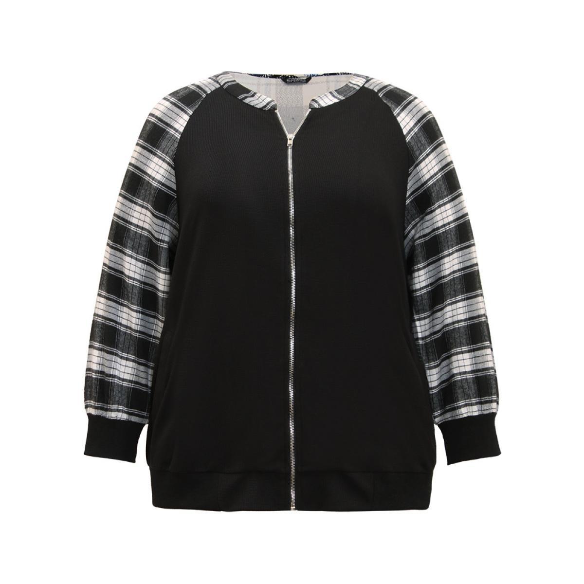Plus Size Plaid Patchwork Pocket Zipper Fly Jacket Women Black Elastic cuffs Pocket Dailywear Jackets BloomChic 14-16/1X Product Image