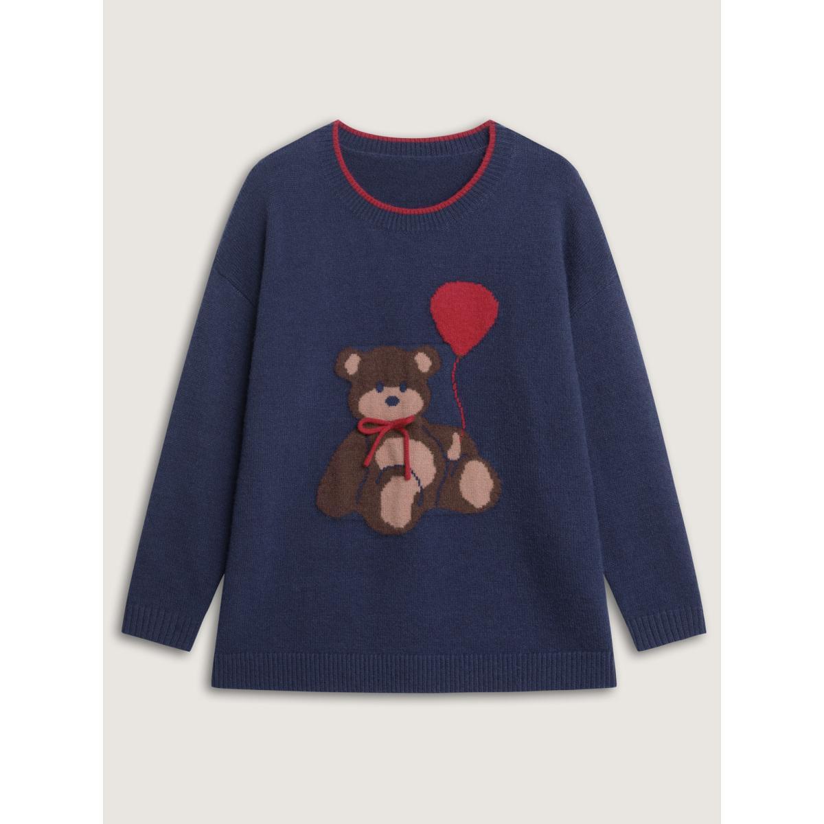 Plus Size Teddy Bear Balloon Print Pullover Navy Women Playful Loose Long Sleeve Round Neck Casual Pullovers BloomChic 30/6X Product Image