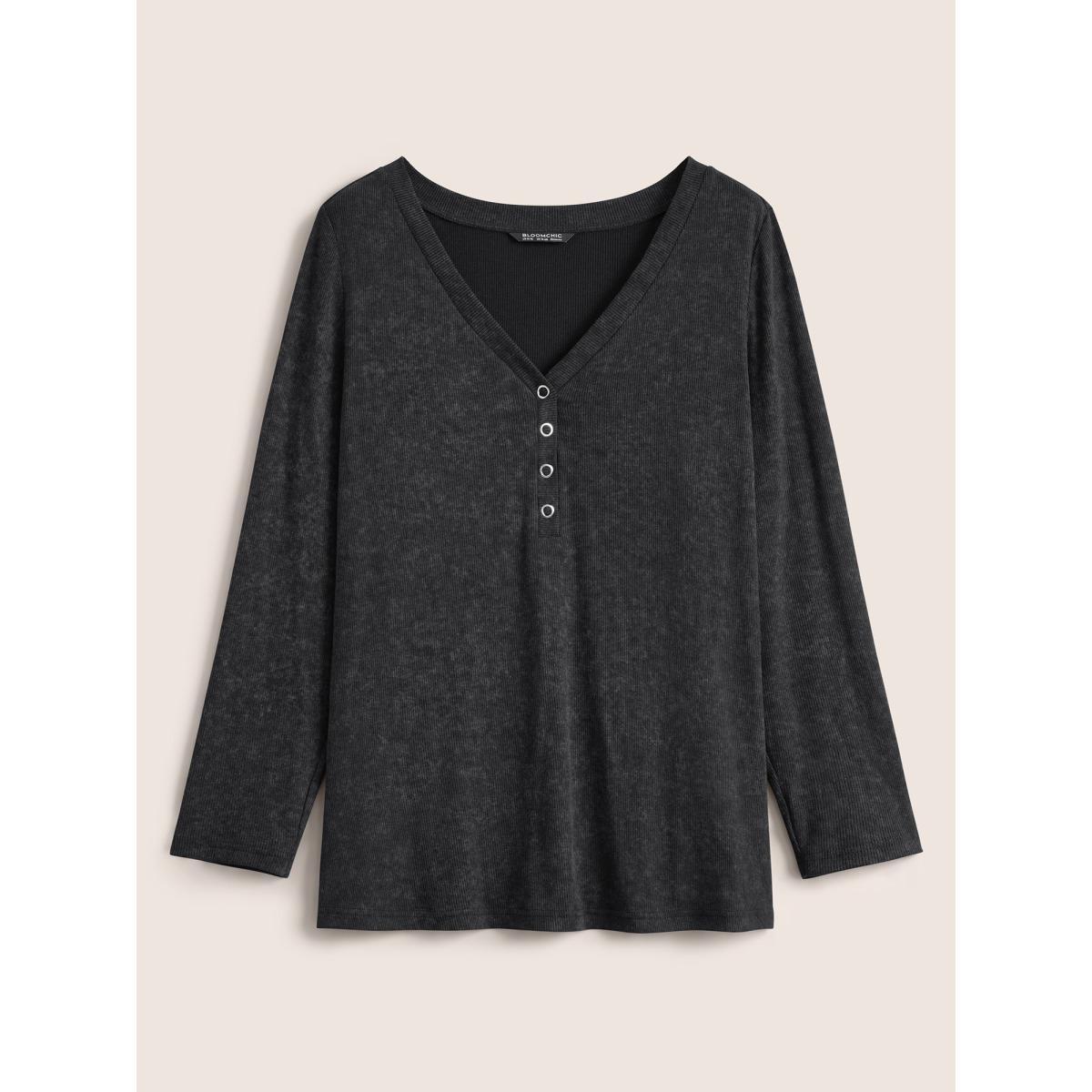 Plus Size Vintage Textured Button Up T-shirt Black Women Casual Texture Plain V-neck Everyday T-shirts BloomChic 12/L Product Image