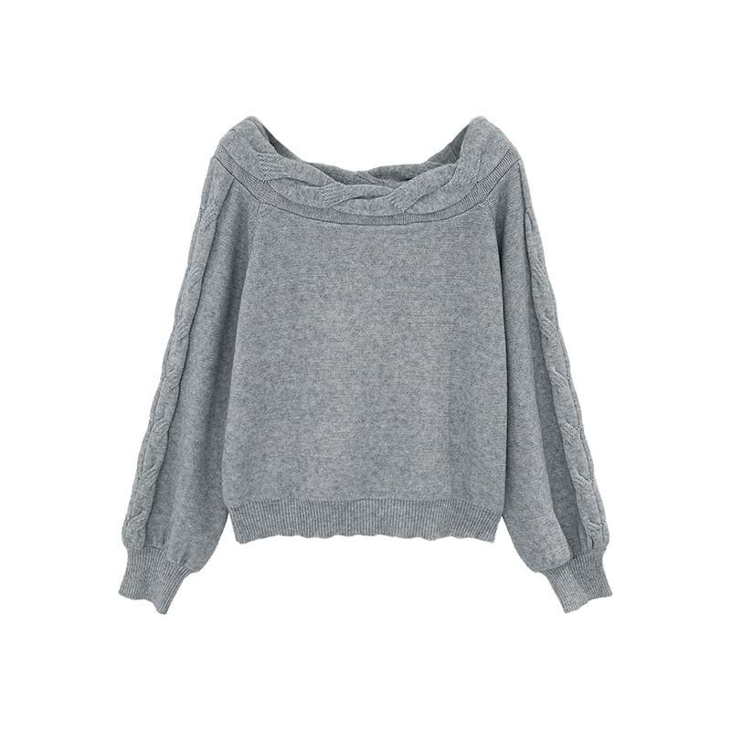 Long Sleeve Off Shoulder Plain Cable Knit Top Product Image