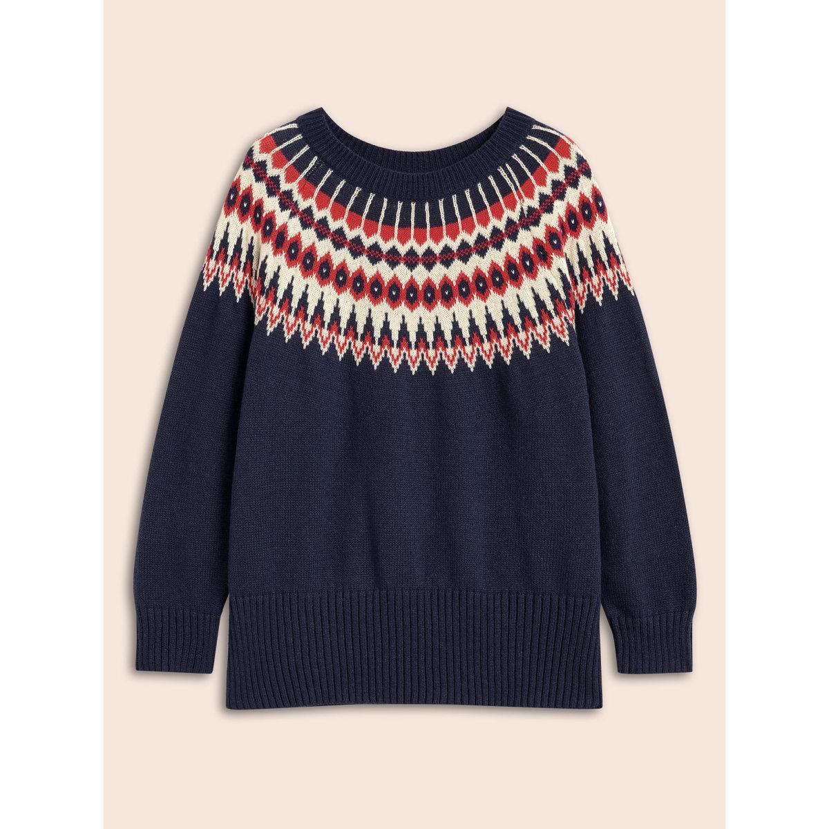 Plus Size Fair Isle Pull Over Crew Neck Pullover Navy Women Casual Long Sleeve Round Neck Everyday Pullovers BloomChic 26/4X Product Image